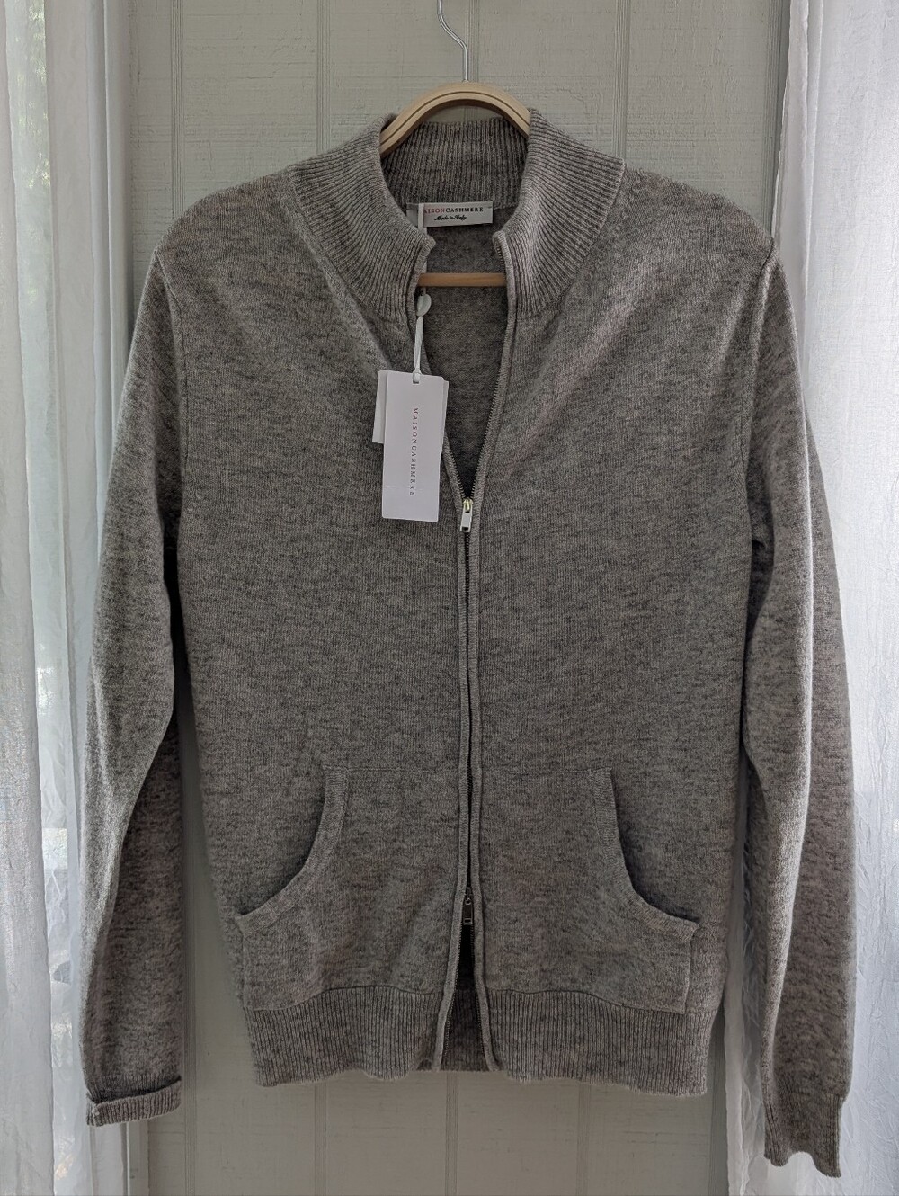 Maison Cashmere Heather Gray Double Zip-Up Sweater Size M, Women's
